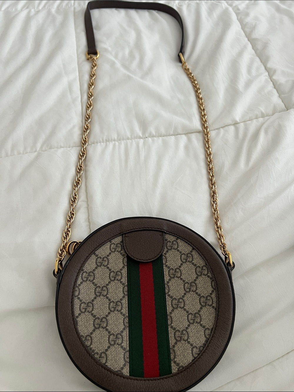 Gucci Brown GG Canvas Round Crossbody with Green-Red Web Stripe - Picture 2 of 4